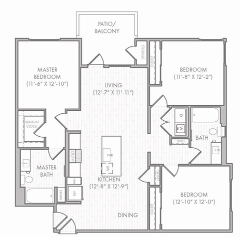Floor plan for 3 beds, 2 baths, 1364 sqft